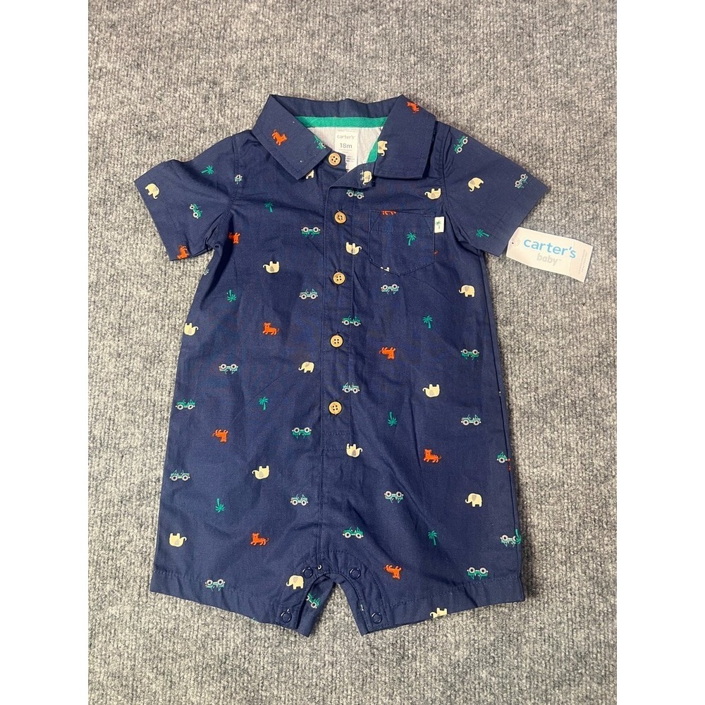 Carter's Baby Boy 18M Romper Shortall | Safari Adventure Preppy Navy Button